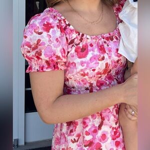 H&M Pink Floral Puff-Sleeve Midi Dress